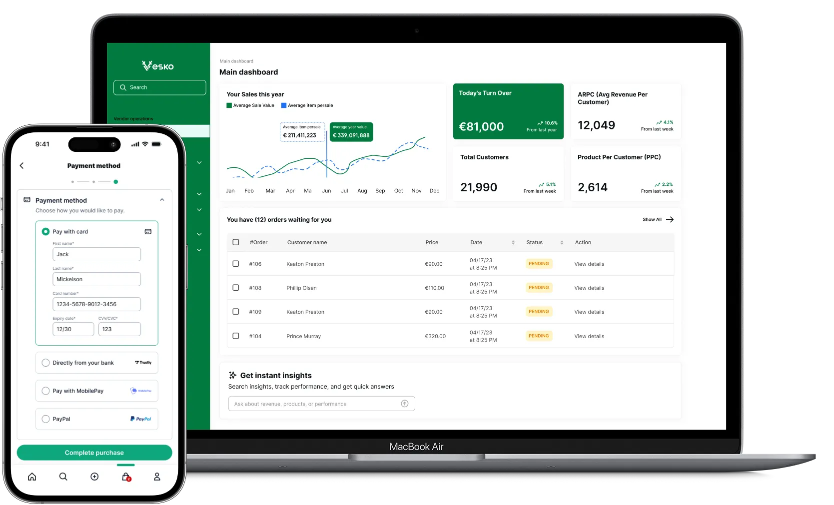 MacBook Air displaying a sales dashboard with graphs, turnover, customer data, and a list of pending orders, next to an iPhone screen showing a payment method form filled with card details.