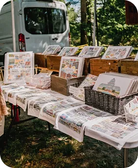 Outdoor market table displaying various postcards and prints arranged in baskets and wooden holders with a white van and trees in the background.
