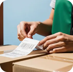 Person in green apron attaching a shipping label to a cardboard box.