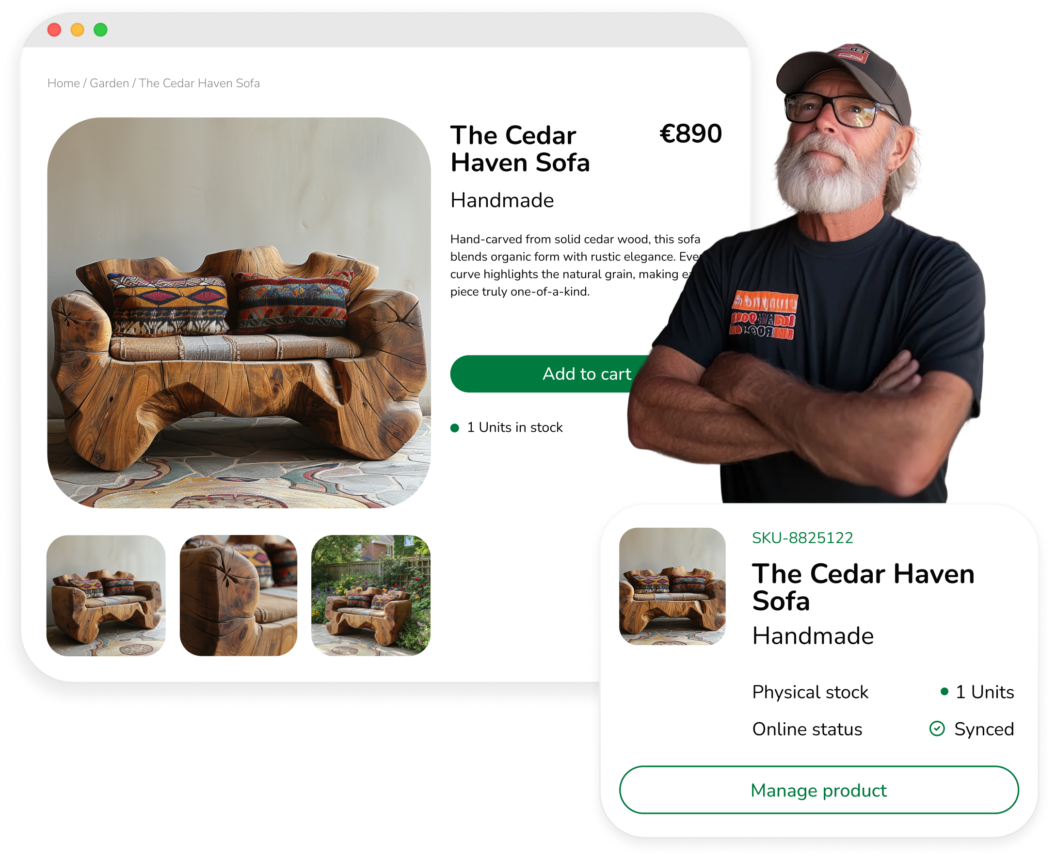 Hand-carved solid cedar wood sofa with rustic design and patterned cushions on a tiled floor.