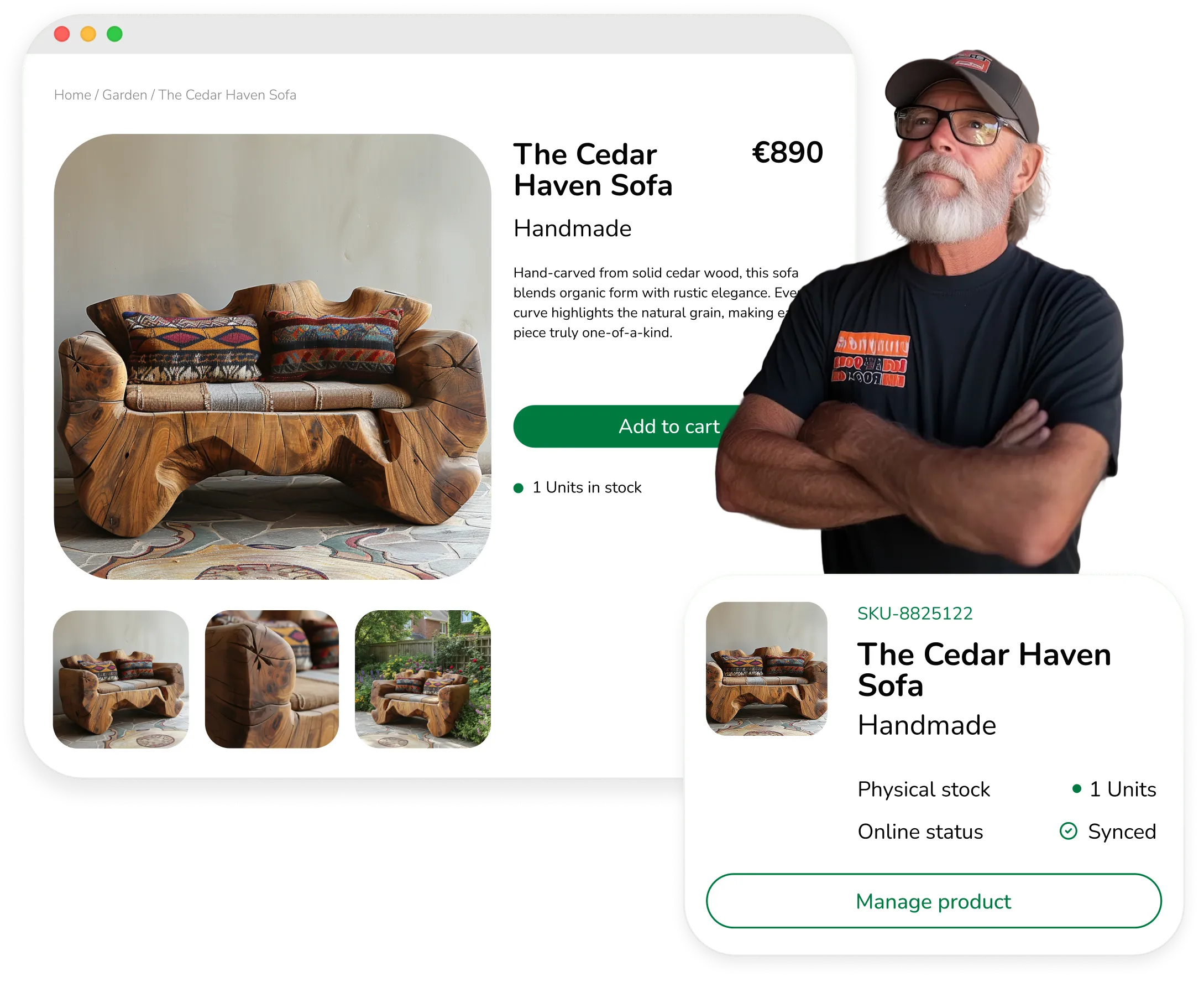 Hand-carved solid cedar wood sofa with rustic design and patterned cushions on a tiled floor.