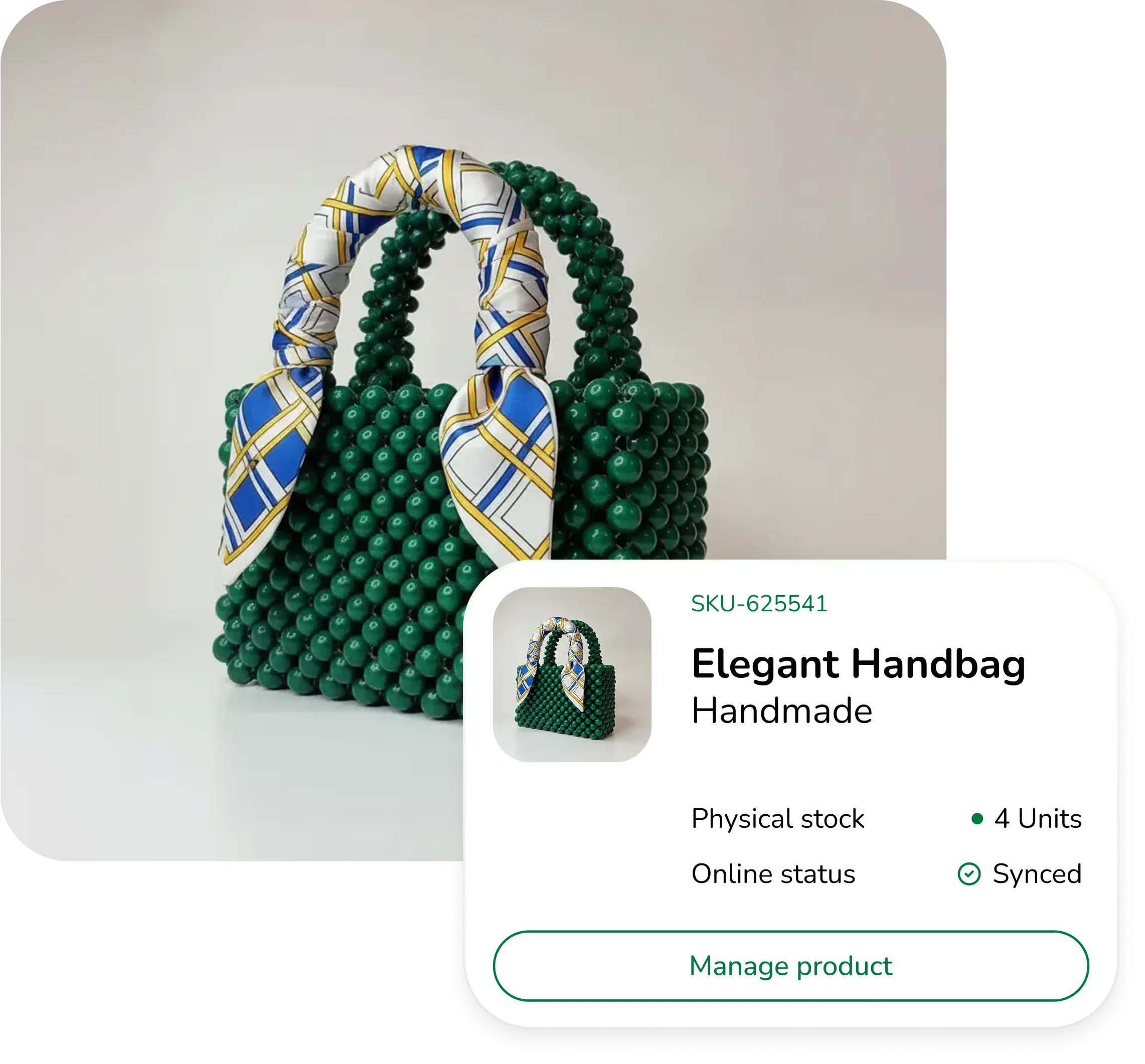 Green beaded handbag with handles wrapped in a blue, white, and yellow patterned scarf on a white background.