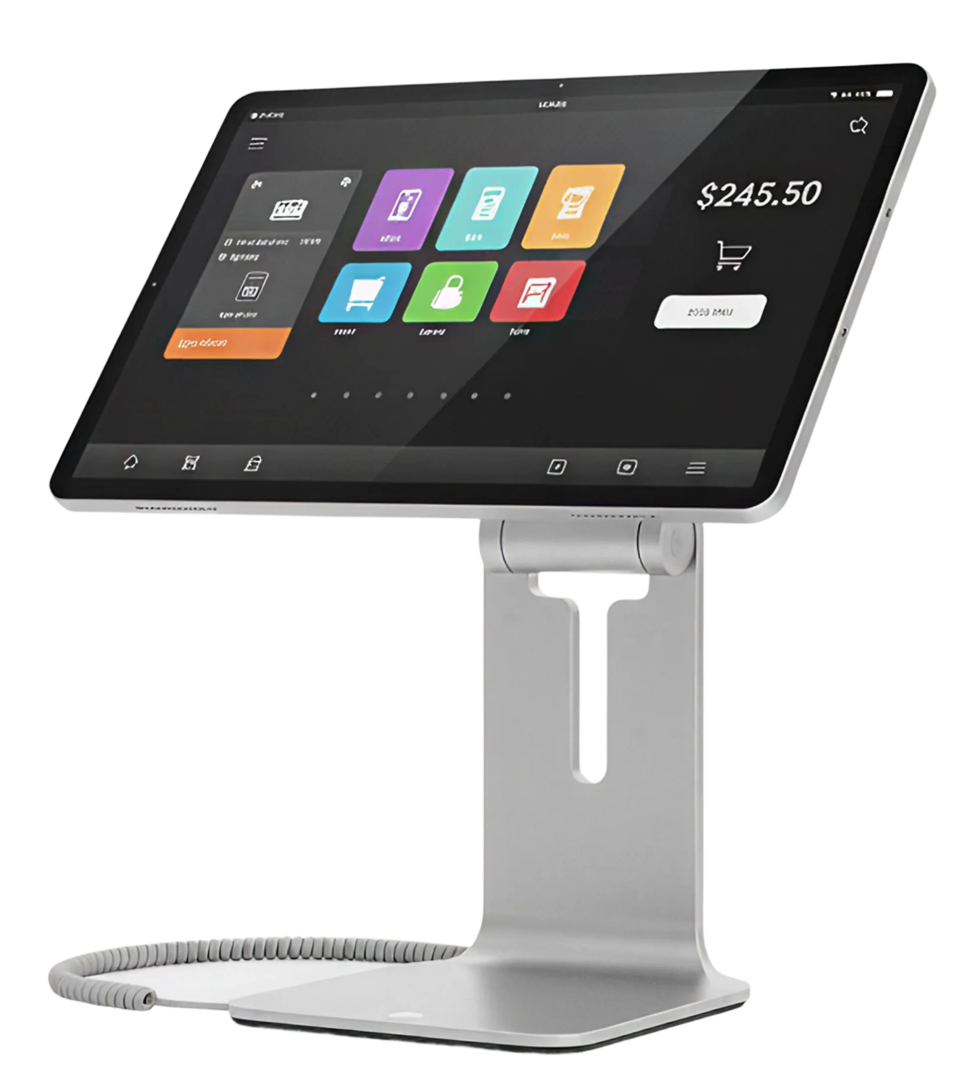 Modern point-of-sale touchscreen device on a silver stand displaying a sales interface with colorful icons and a total amount of $245.50.