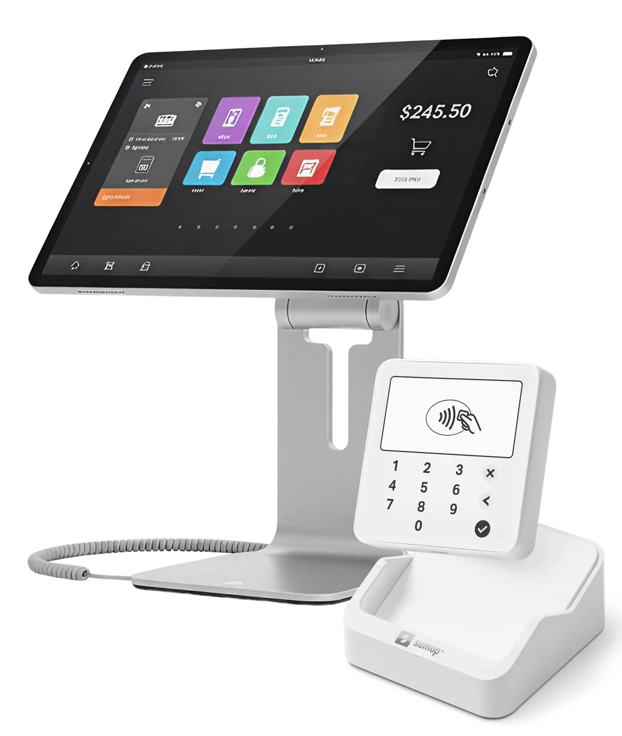 SumUp point of sale system with a touchscreen displaying colorful app icons and a contactless payment keypad.