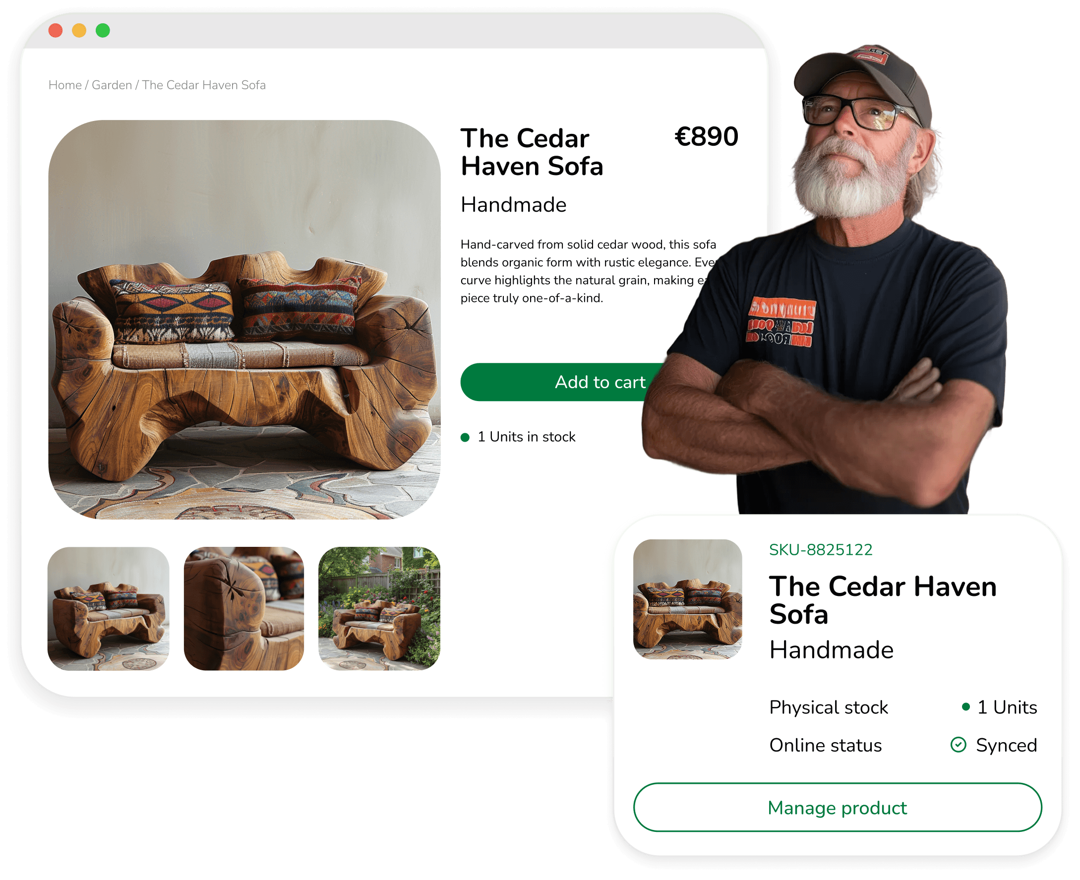 Hand-carved solid cedar wood sofa with rustic design and patterned cushions on a tiled floor.