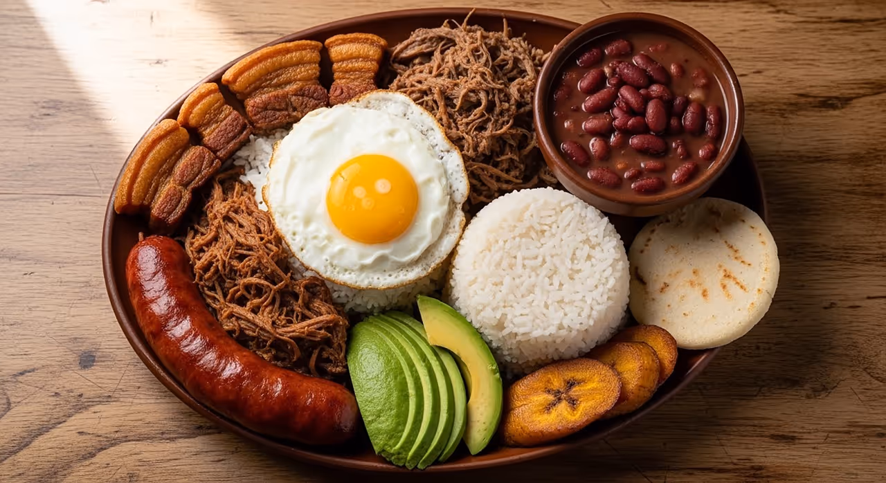 A plate of food with a variety of items including rice, beans, eggs, and sausage.