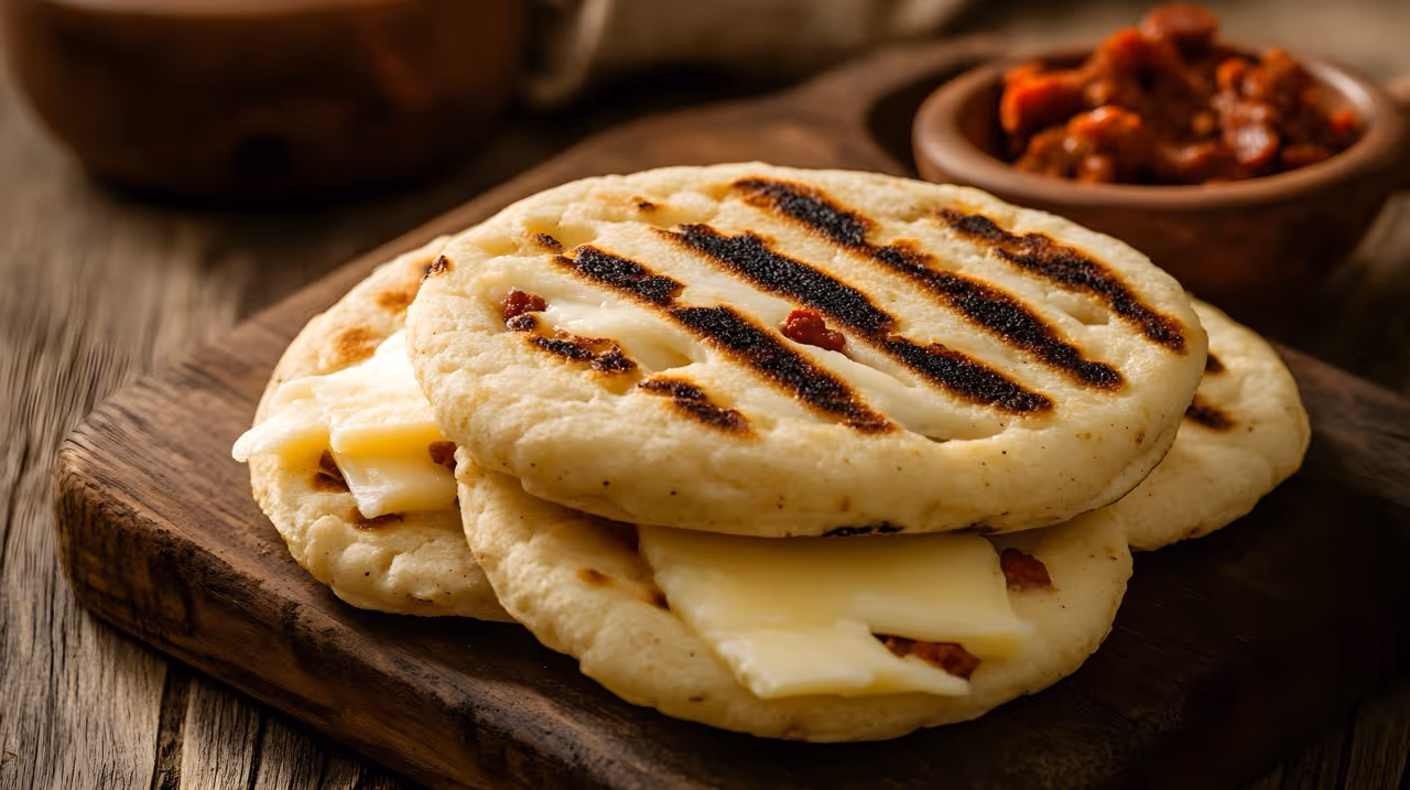 A stack of 3 cheese pupusas on a wooden table.