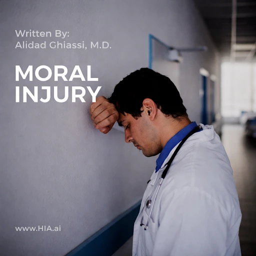 Doctor in a dimly lit room resting head n arm against the wall and staring down at the foor