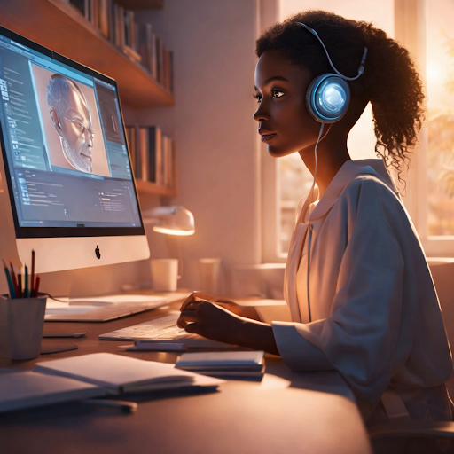 Woman wearing headphones and interacting with avatar on her computer with notepads and papers beside her
