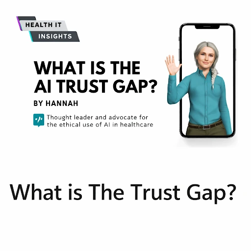 AI woman avatar in phone waving and text to the left featuring the post's title and author