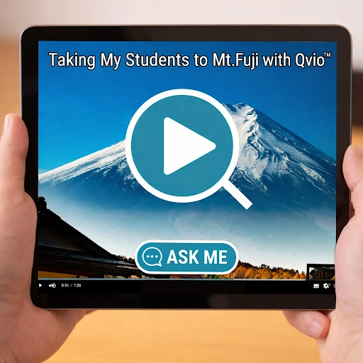 Tablet in hands which shows ount Fuji with a play button overlay and green CTA button saying "Ask Me"
