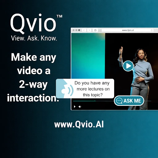 Video thumbnail of a Qvio avatar giving a presentation with an overlay that says "do you have any more lectures on this topic?"