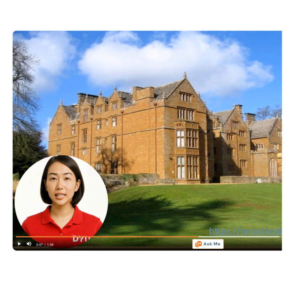 Video featuring buildings on a school campus with female AI avatar overlay and a button that says "Ask Me"