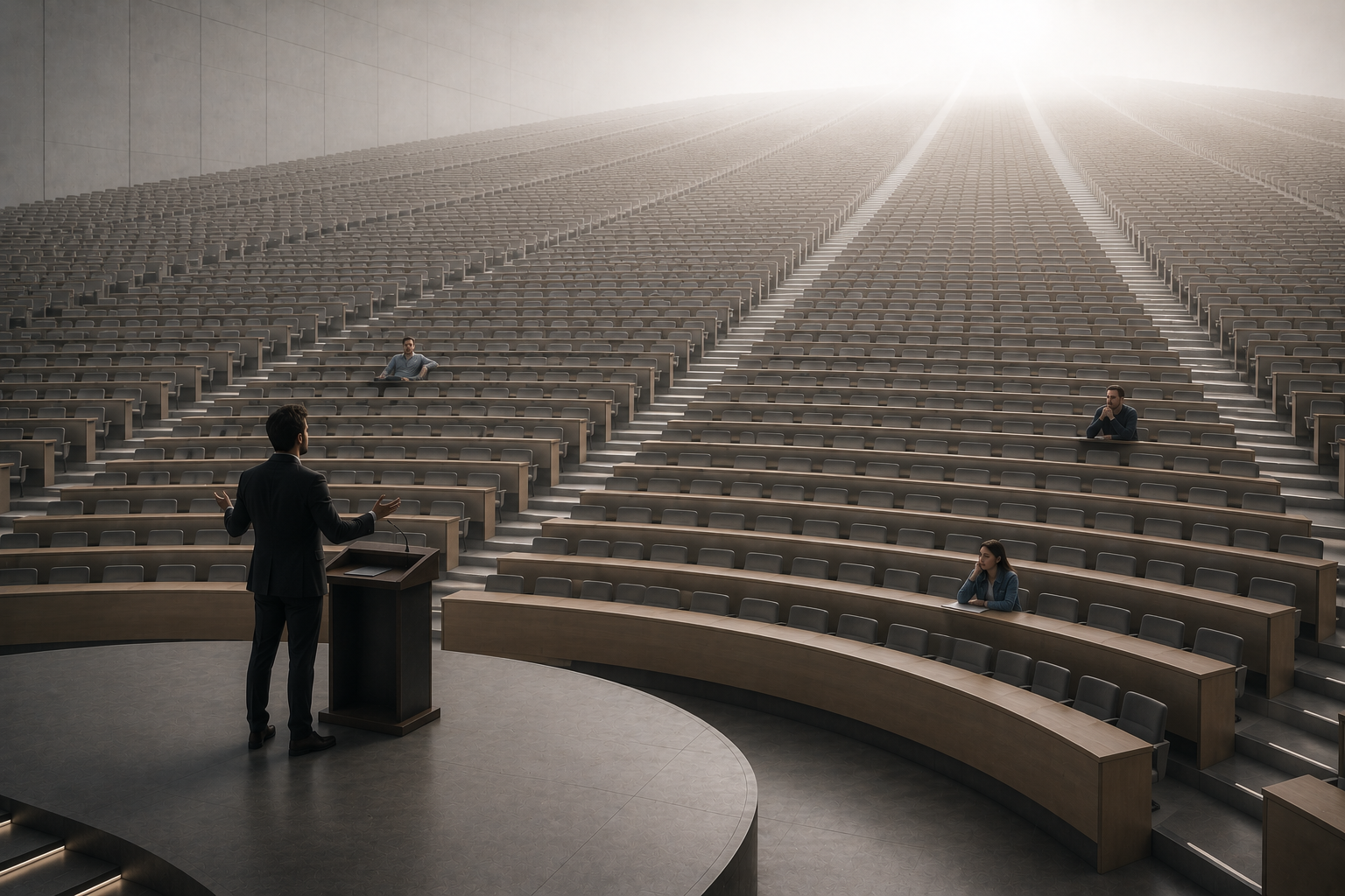 Man giving a lecture in an almost empty theater