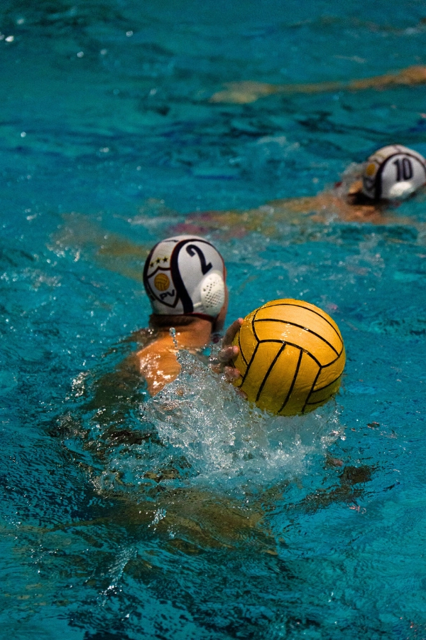 Two boys playing water polo.
