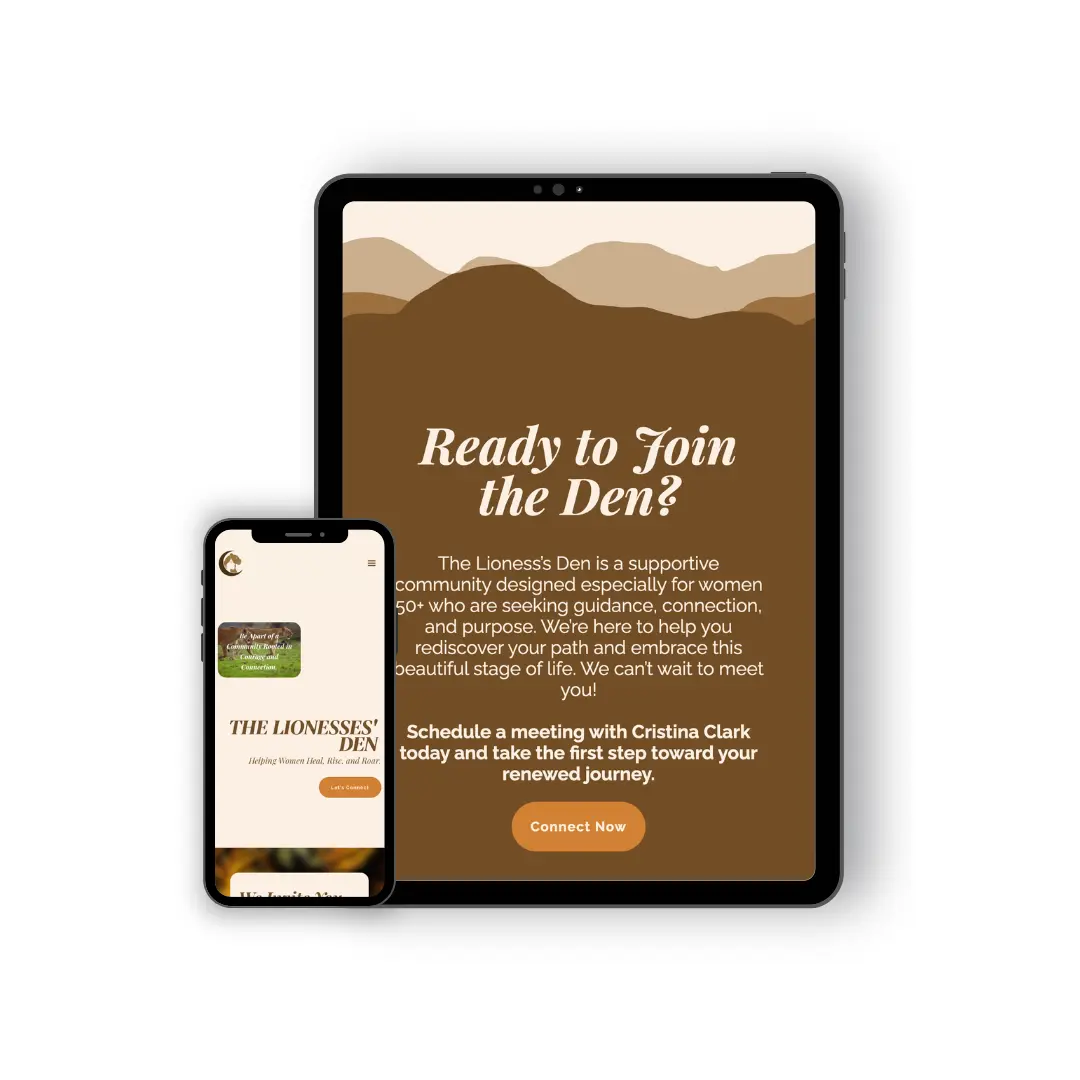 The Lionesses' Den website display on mobile and tablet.