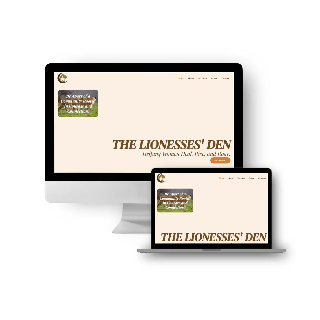The Lionesses' Den website display on desktop and laptop.