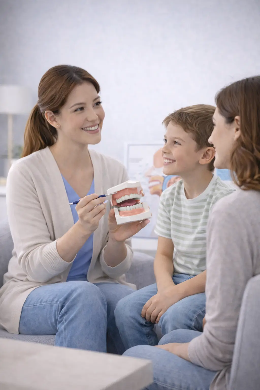 Therapist explaining oral health and breathing using teeth model to child and parent