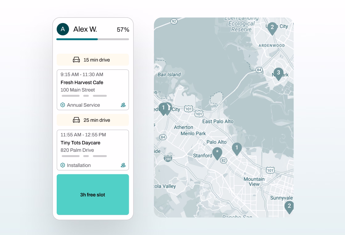 Technician schedule interface showing Alex W.'s appointments at Fresh Harvest Cafe and Tiny Tots Daycare with drive times and a map of Palo Alto area.