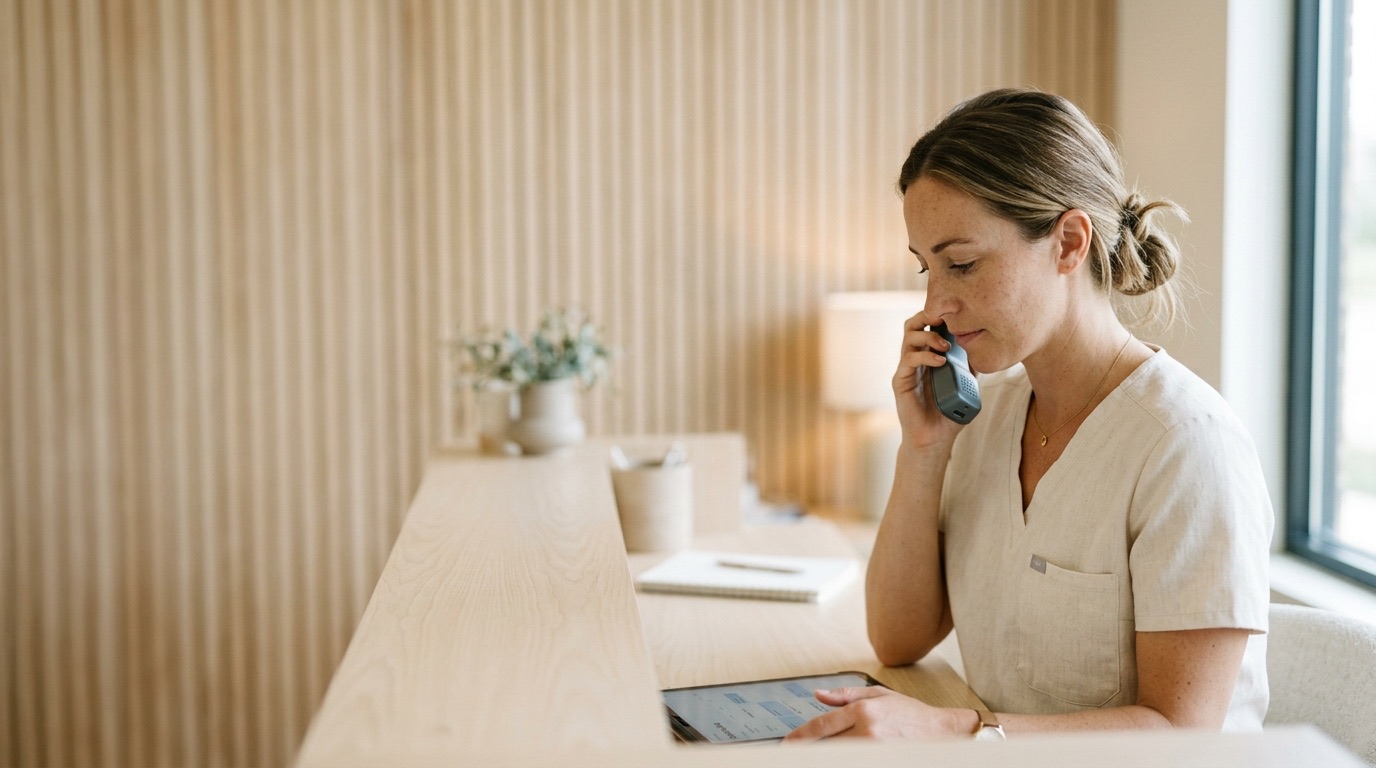 A front-desk coordinator in soft scrubs on a phone call, glancing down at a tablet held low against the counter.