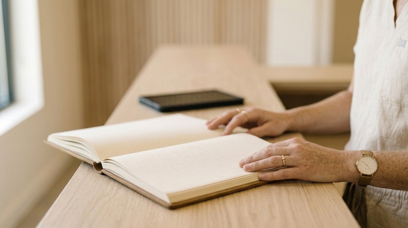 Hands and a paper appointment book on a warm counter, a phone and a calculator blurred behind.