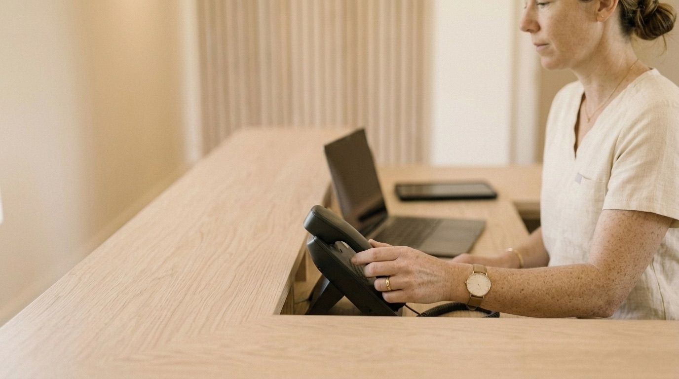 Hands setting a desk phone handset back into its cradle on a warm wood counter, a laptop open and blurred behind.