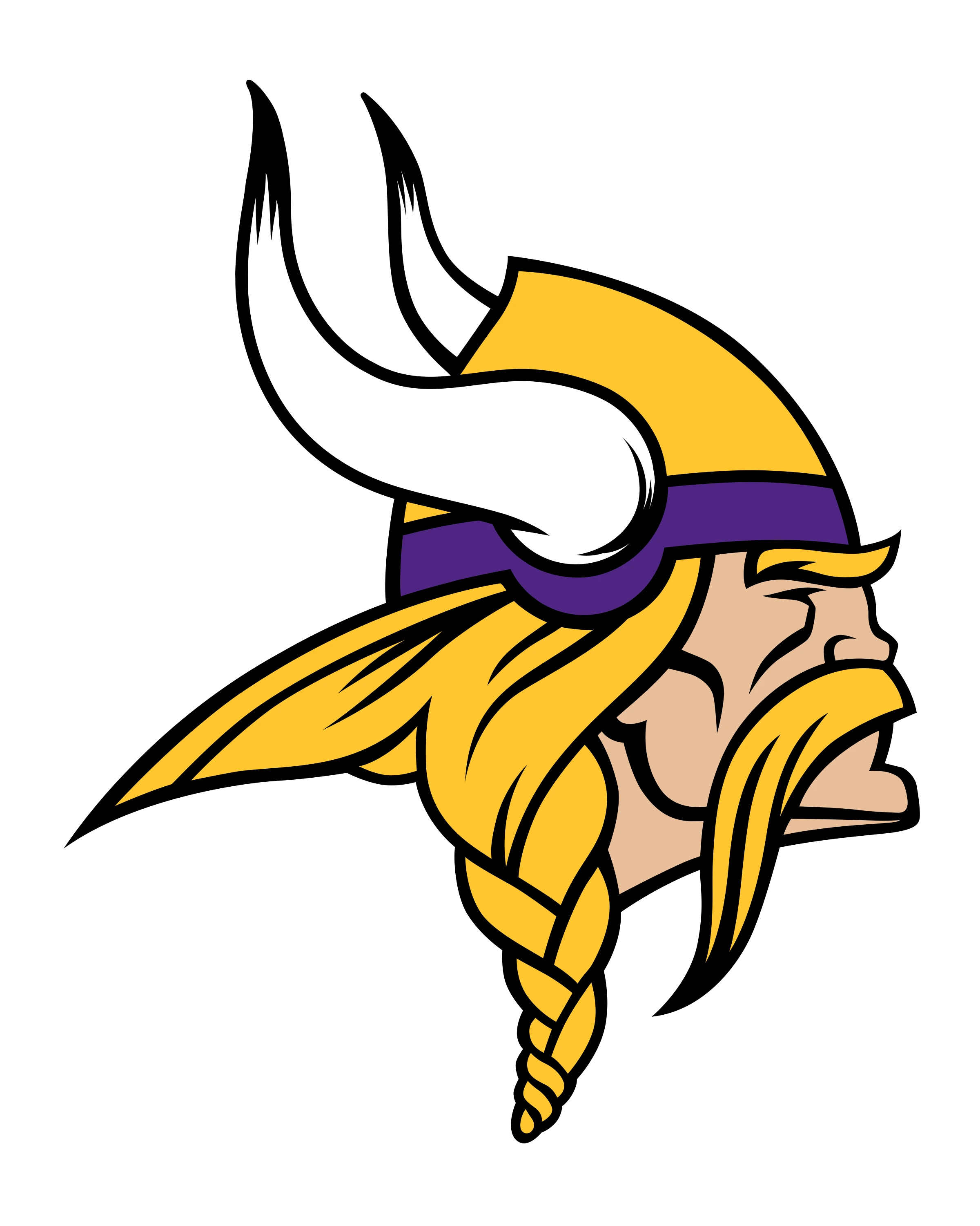 Profile of a Viking warrior with a yellow horned helmet, long braided yellow hair, and mustache.