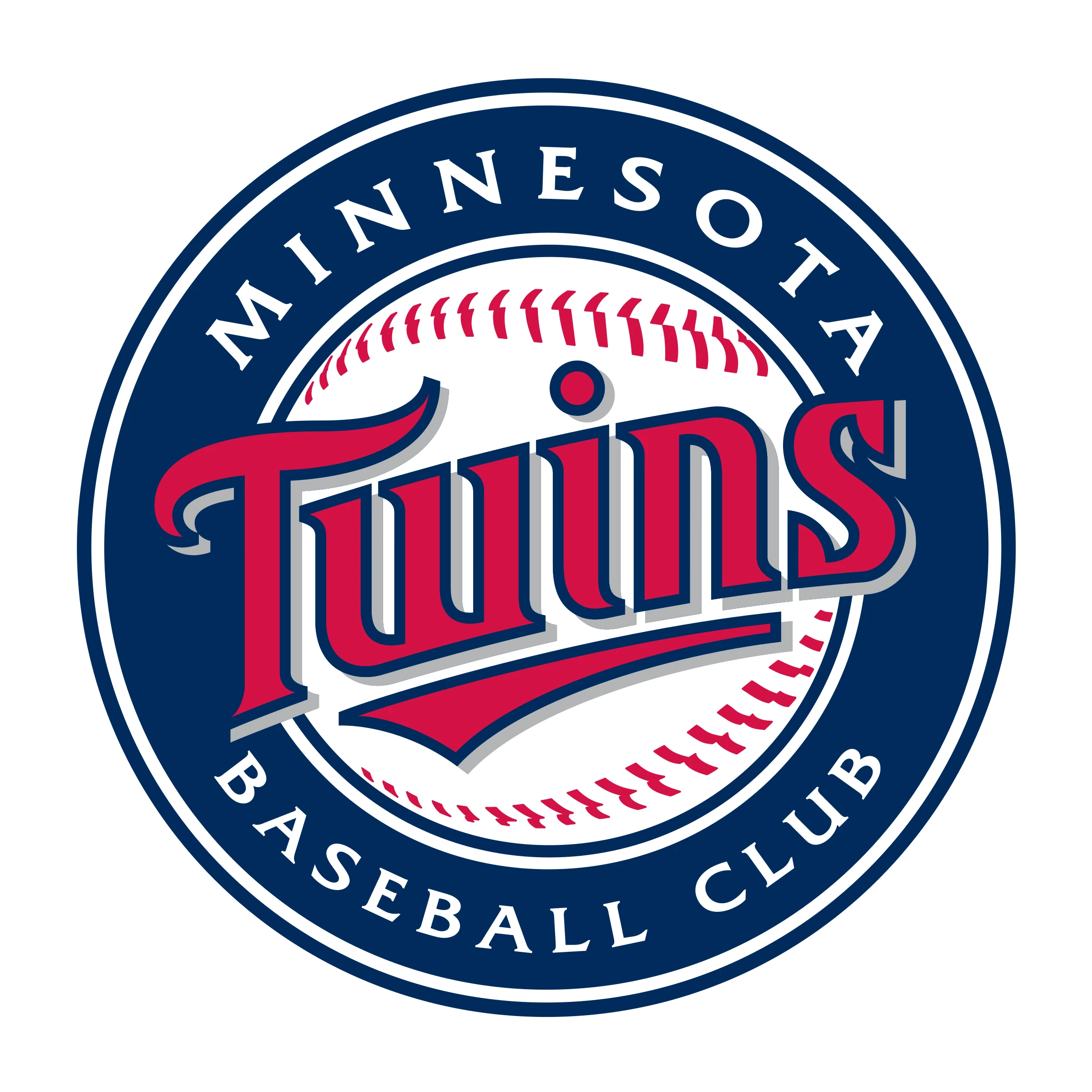 Minnesota Twins logo with a red and white baseball and navy blue circular border reading Minnesota Baseball Club.