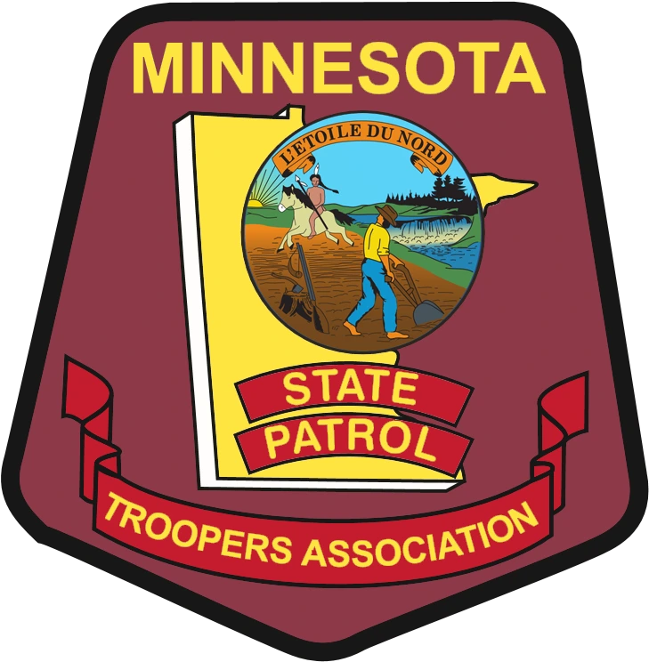 Minnesota State Patrol Troopers Association badge featuring the state outline, state seal with a farmer and Native American, and red ribbon banners.