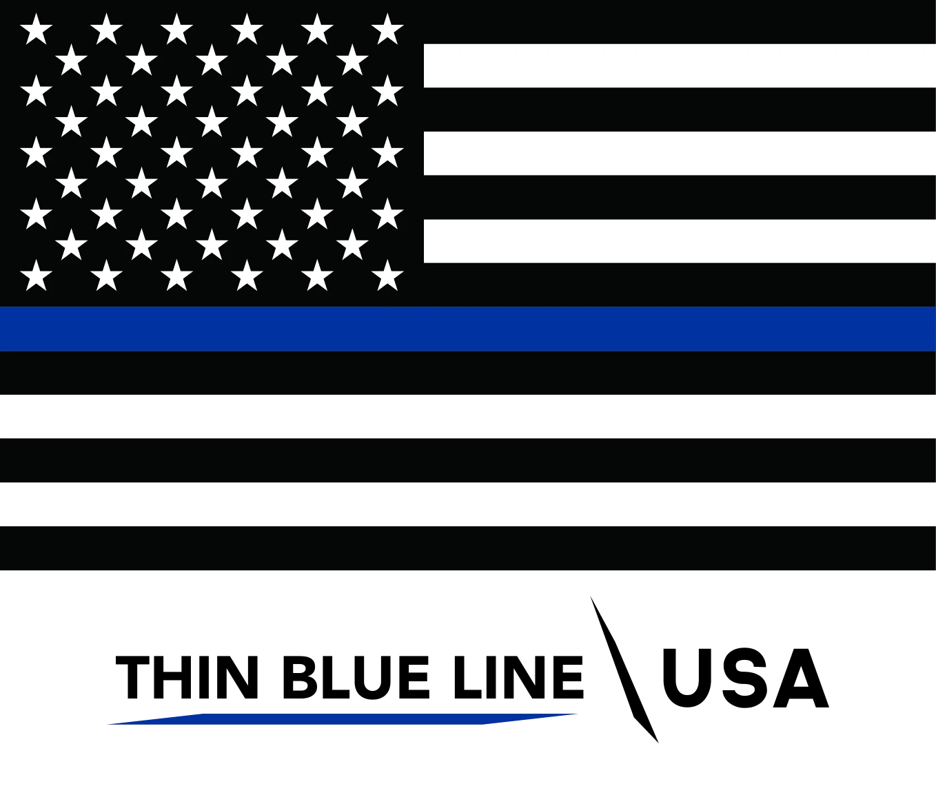 Black and white American flag with a single horizontal blue stripe across the middle.