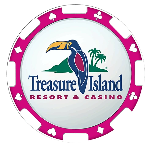 Treasure Island Resort & Casino logo with a toucan bird, green island, and palm trees inside a magenta casino chip border featuring card suit symbols.