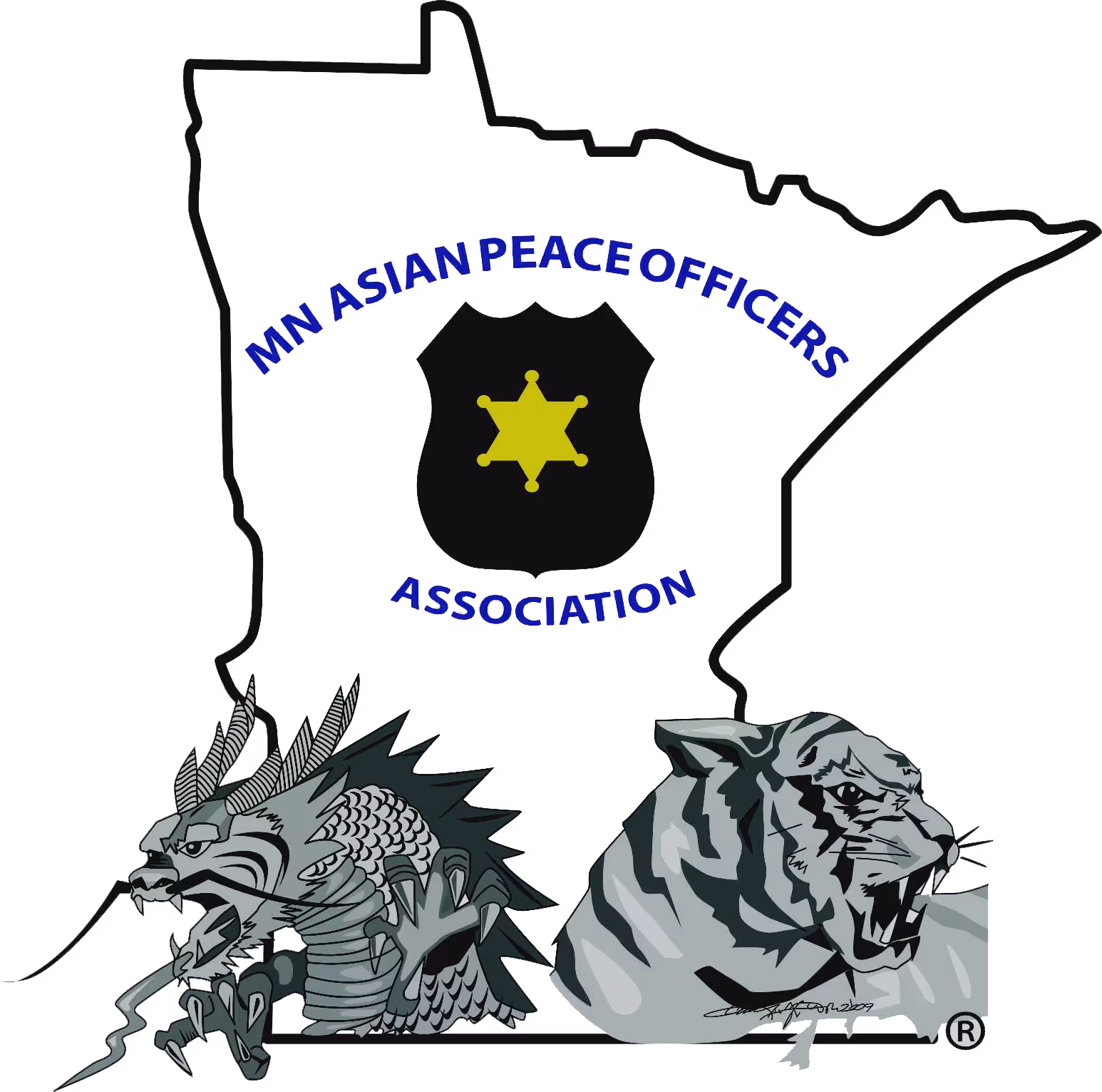 Outline of Minnesota state with a police badge and star in center, flanked by an Asian-style dragon on the left and a roaring tiger on the right, text reading 'MN Asian Peace Officers Association' above and below the badge.
