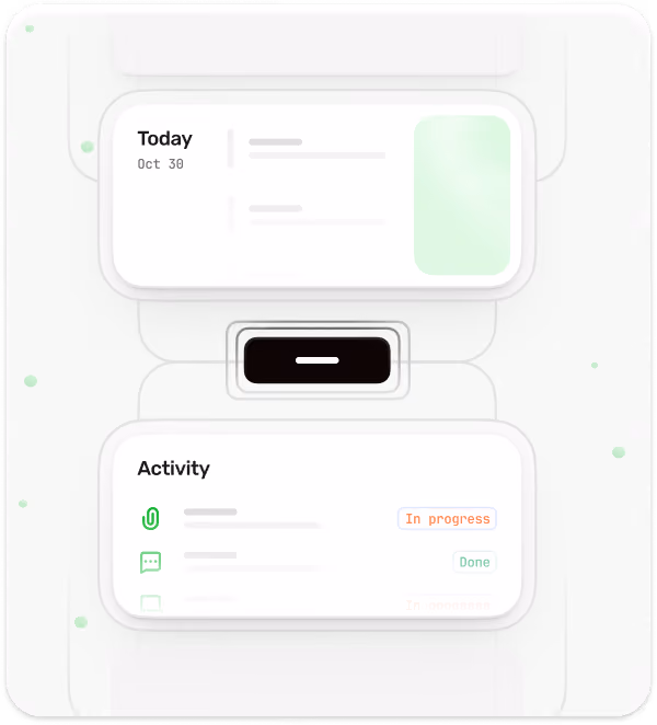 Digital interface showing today's date as Oct 30 with a summary section and below it an activity section listing tasks with status labels 'In progress' and 'Done'.