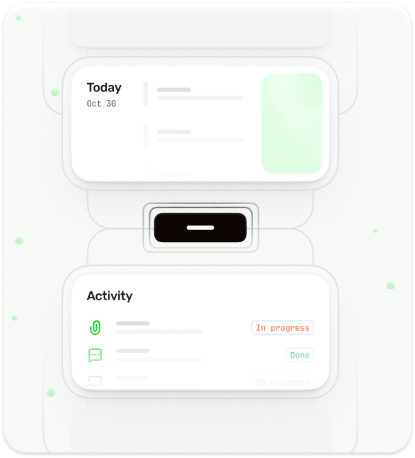 Digital interface showing today's date as Oct 30 with a summary section and below it an activity section listing tasks with status labels 'In progress' and 'Done'.