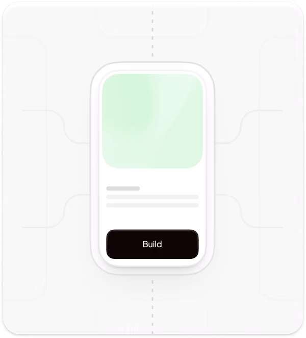 Mobile device screen mockup with a green header, two gray lines of text, and a black button labeled 'Build'.