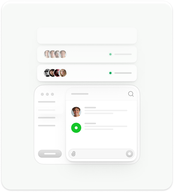 User interface design showing a chat application with contact avatars, message lists, and a chat window with a text input box and send button.