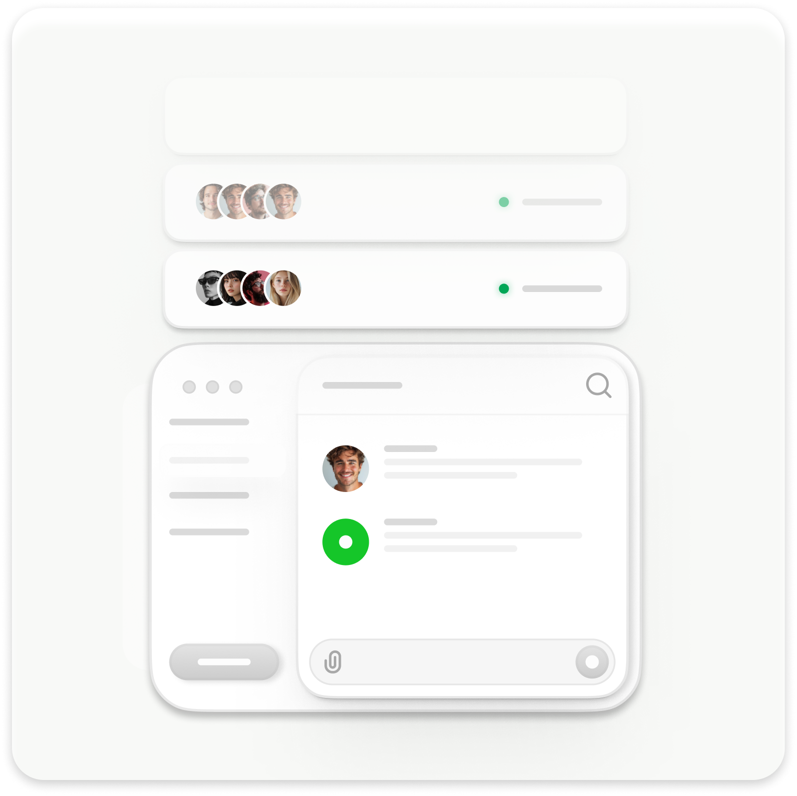 User interface showing chat groups with profile pictures, status indicators, and a chat window with messages and a search icon.