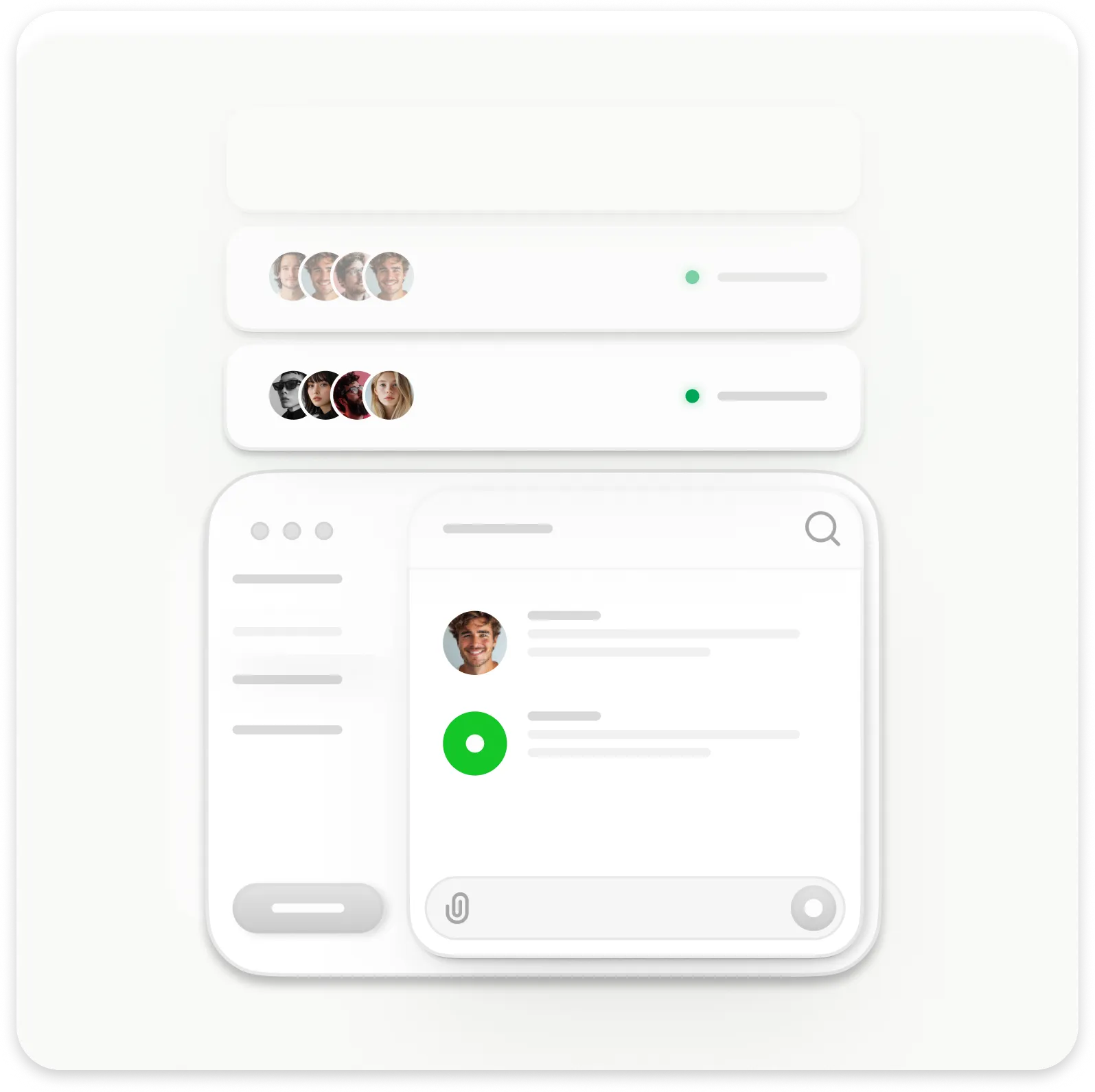 User interface showing chat groups with profile pictures, status indicators, and a chat window with messages and a search icon.