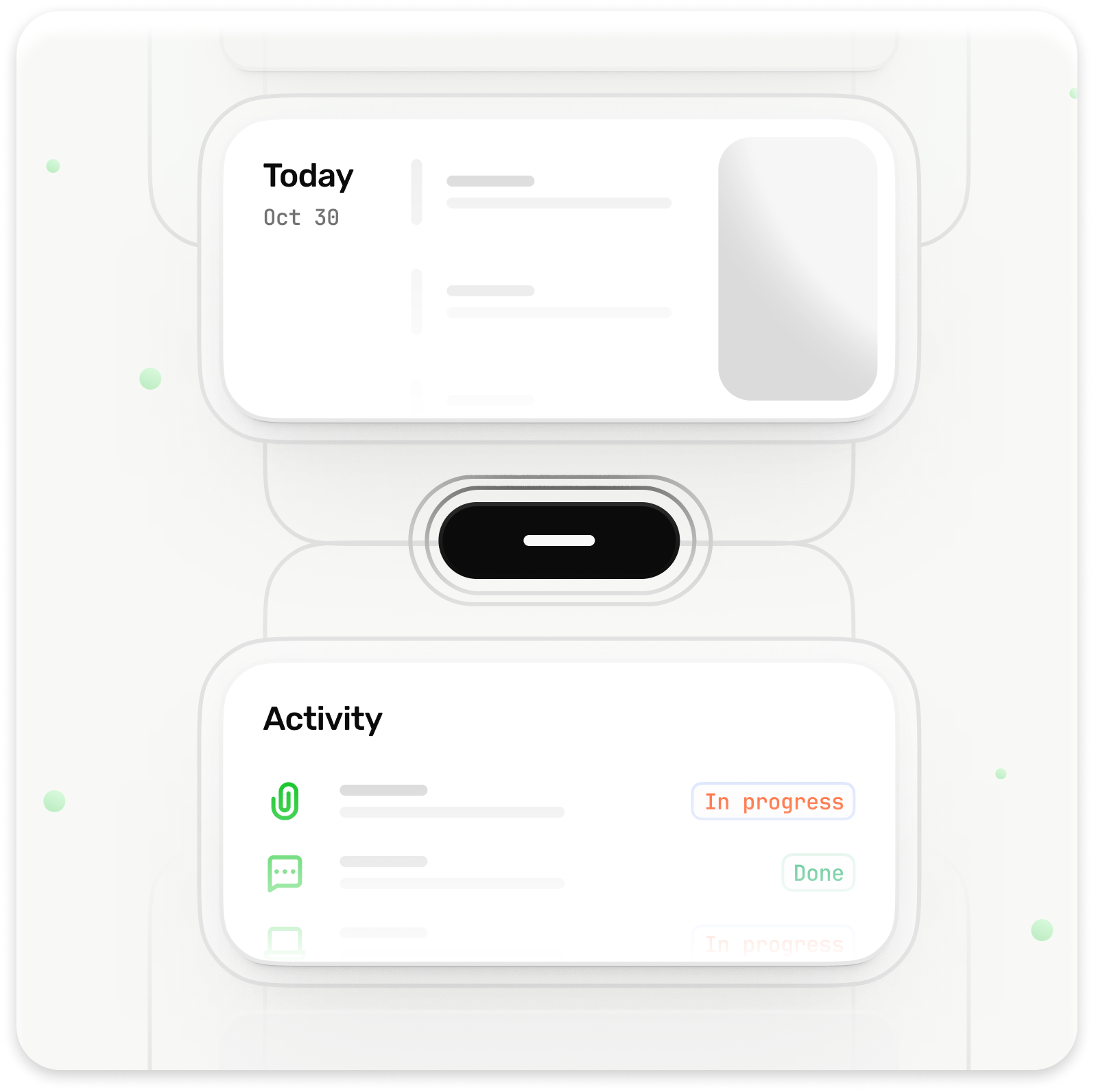 User interface showing today's date as Oct 30 and an activity section with icons and status labels 'In progress' and 'Done'.