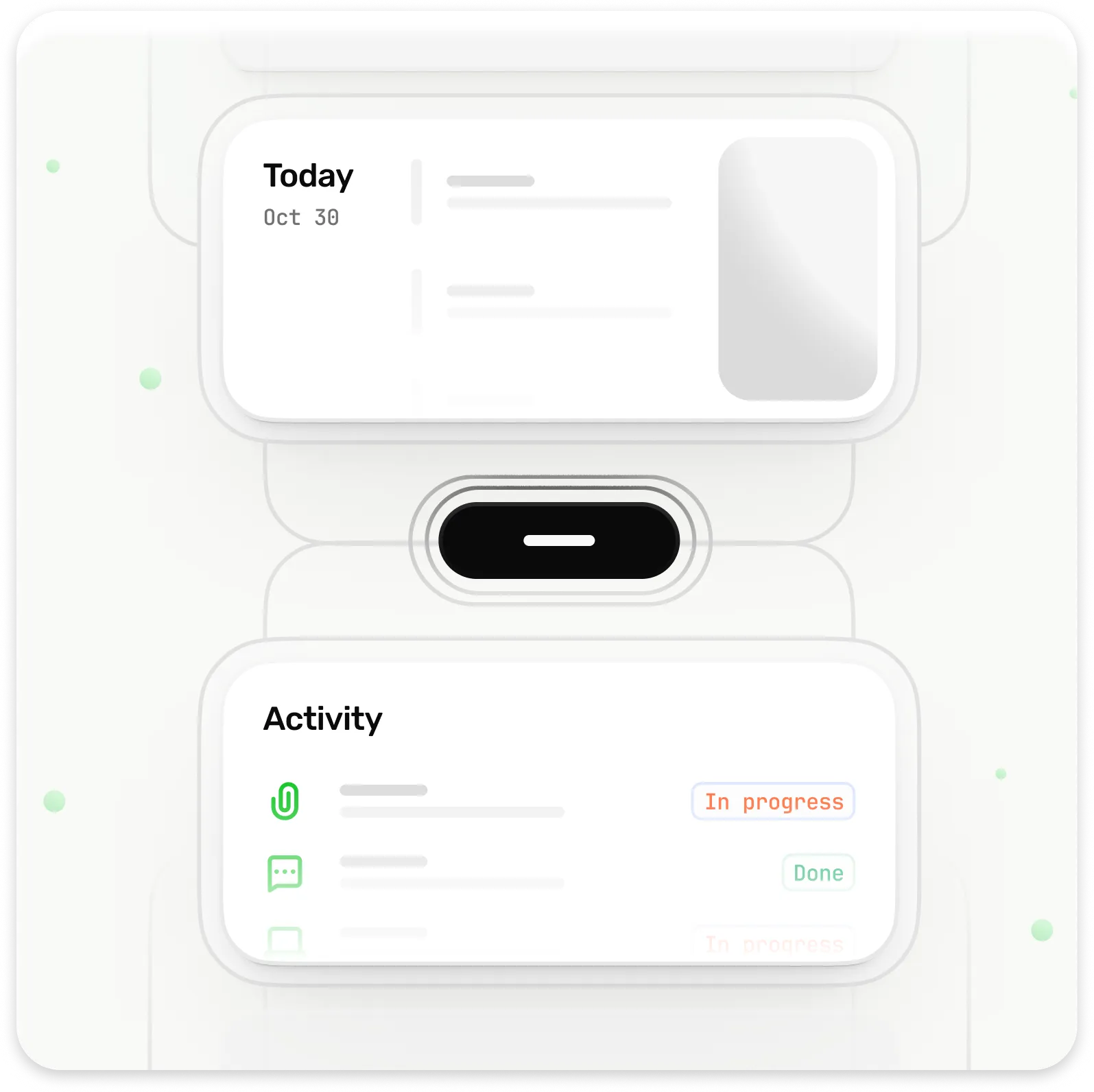 User interface showing today's date as Oct 30 and an activity section with icons and status labels 'In progress' and 'Done'.