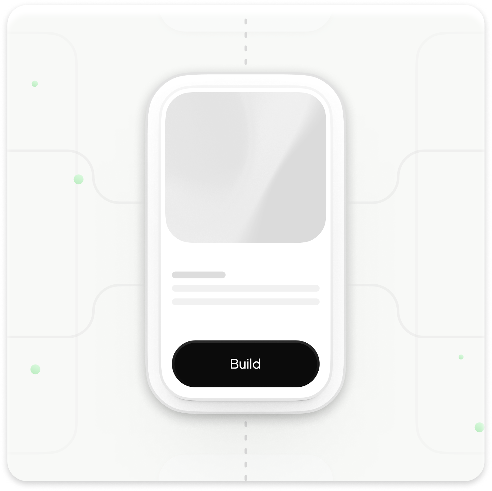 White rounded rectangular card with a gray placeholder image, three lines representing text, and a black 'Build' button at the bottom, on a light background with abstract green dots and lines.