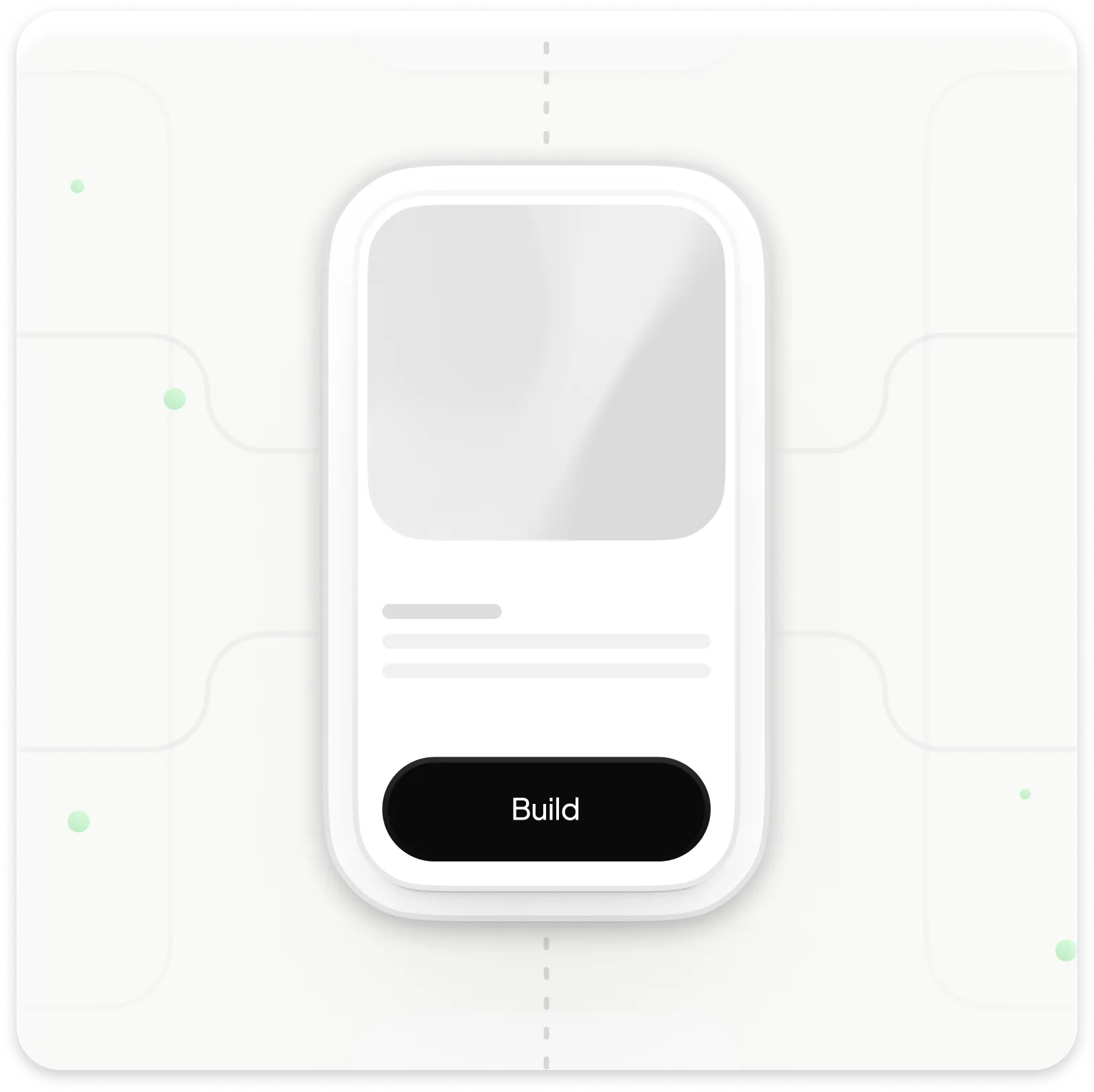 White rounded rectangular card with a gray placeholder image, three lines representing text, and a black 'Build' button at the bottom, on a light background with abstract green dots and lines.