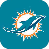 Miami Dolphins logo featuring a dolphin leaping in front of a sunburst on teal background.