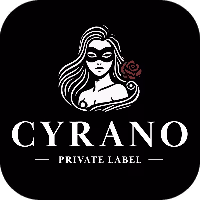 Logo of a woman with flowing hair, wearing a mask, holding a rose above the text 'CYRANO PRIVATE LABEL'.