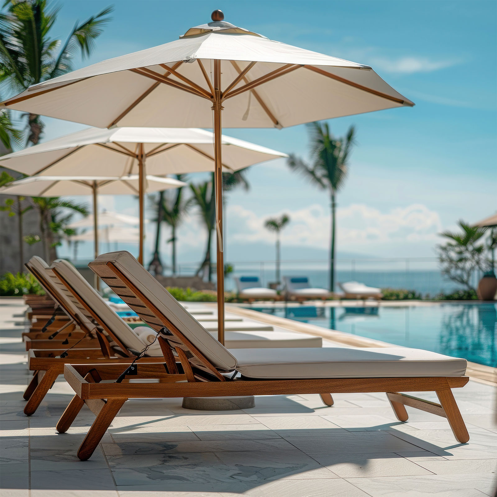 Sun loungers with cushions and umbrellas line a poolside terrace with palm trees and an ocean view in the background.