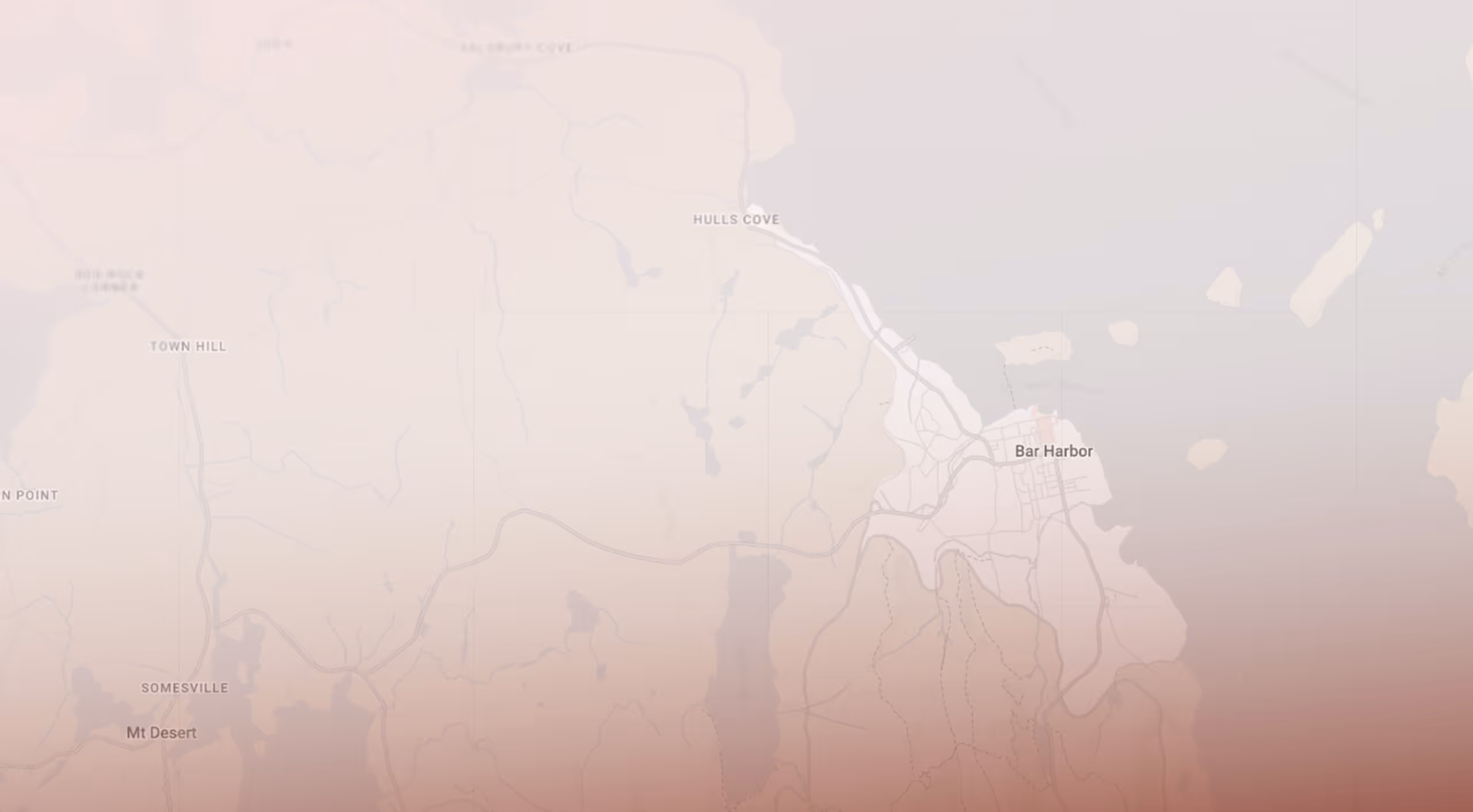 Map showing Bar Harbor and surrounding areas including Hulls Cove, Town Hill, Somesville, and Mt Desert with roads and water bodies.