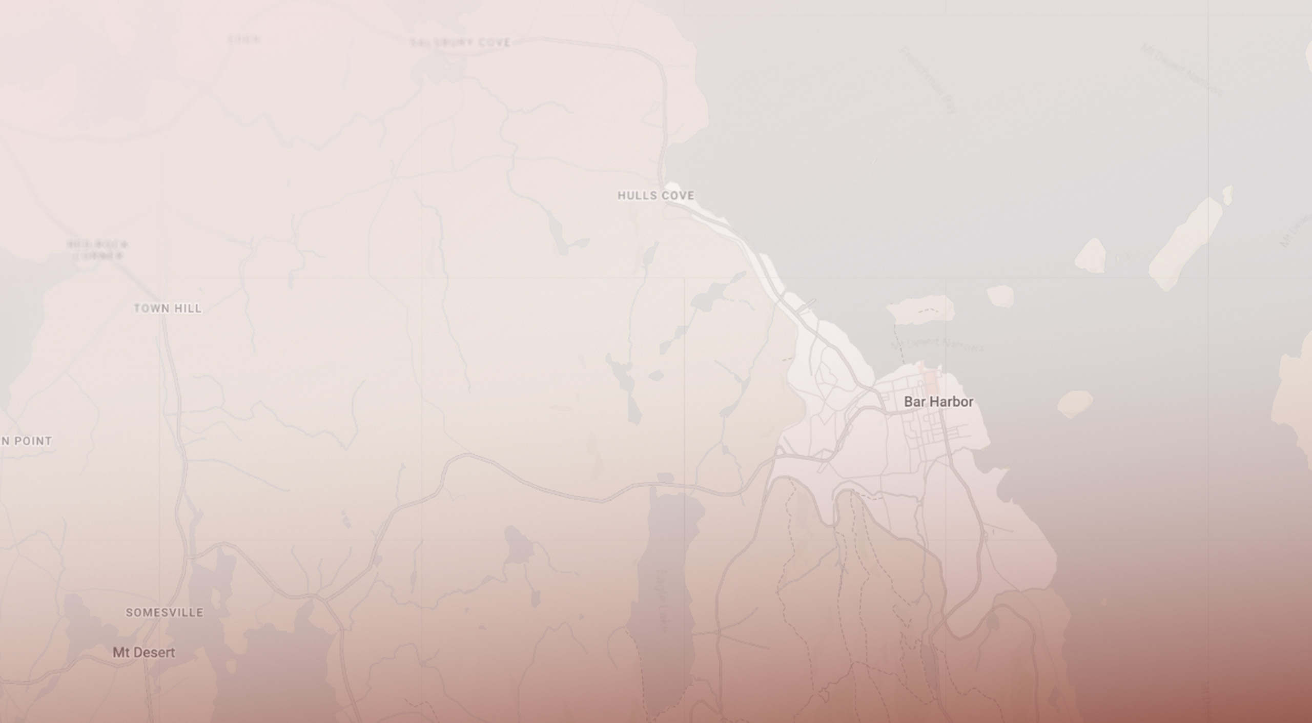 Map showing Bar Harbor and surrounding areas including Hulls Cove, Town Hill, Somesville, and Mt Desert with roads and water bodies.