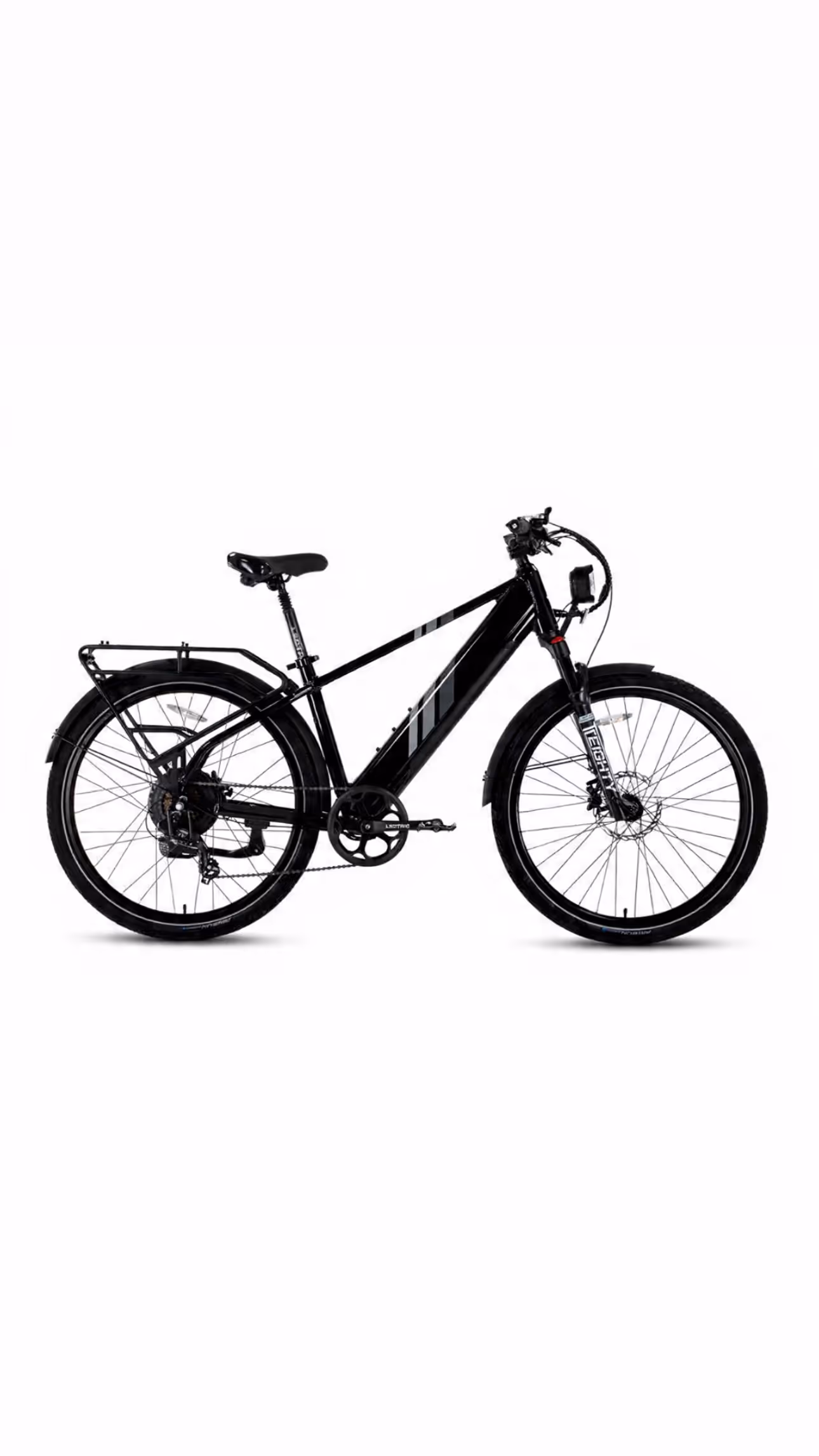 Black electric mountain bike with front suspension, rear rack, and disc brakes on white background.
