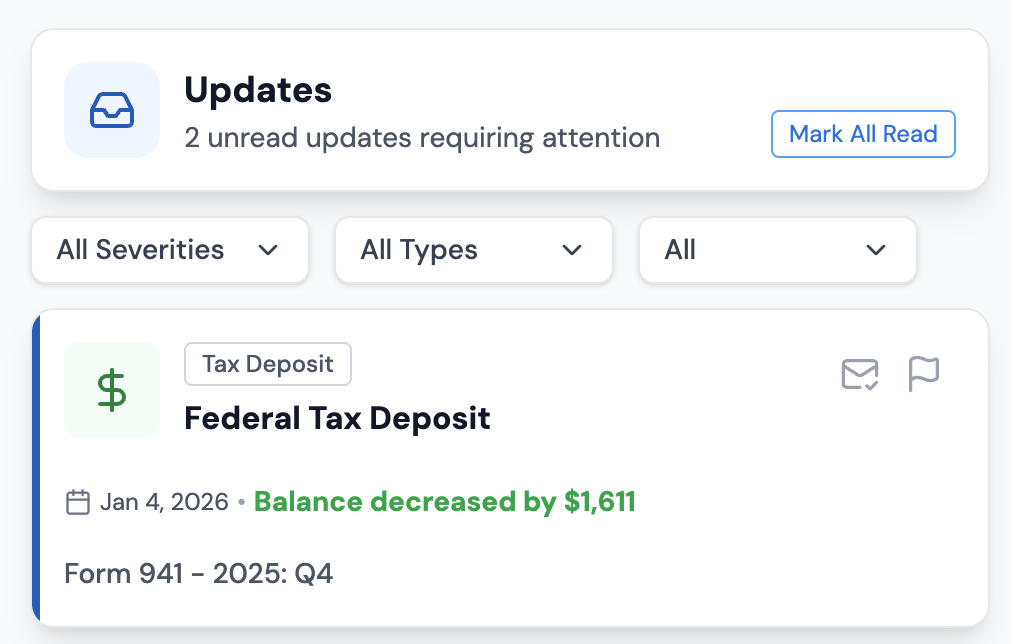 TaxRock app view showing IRS updates and recent account activity