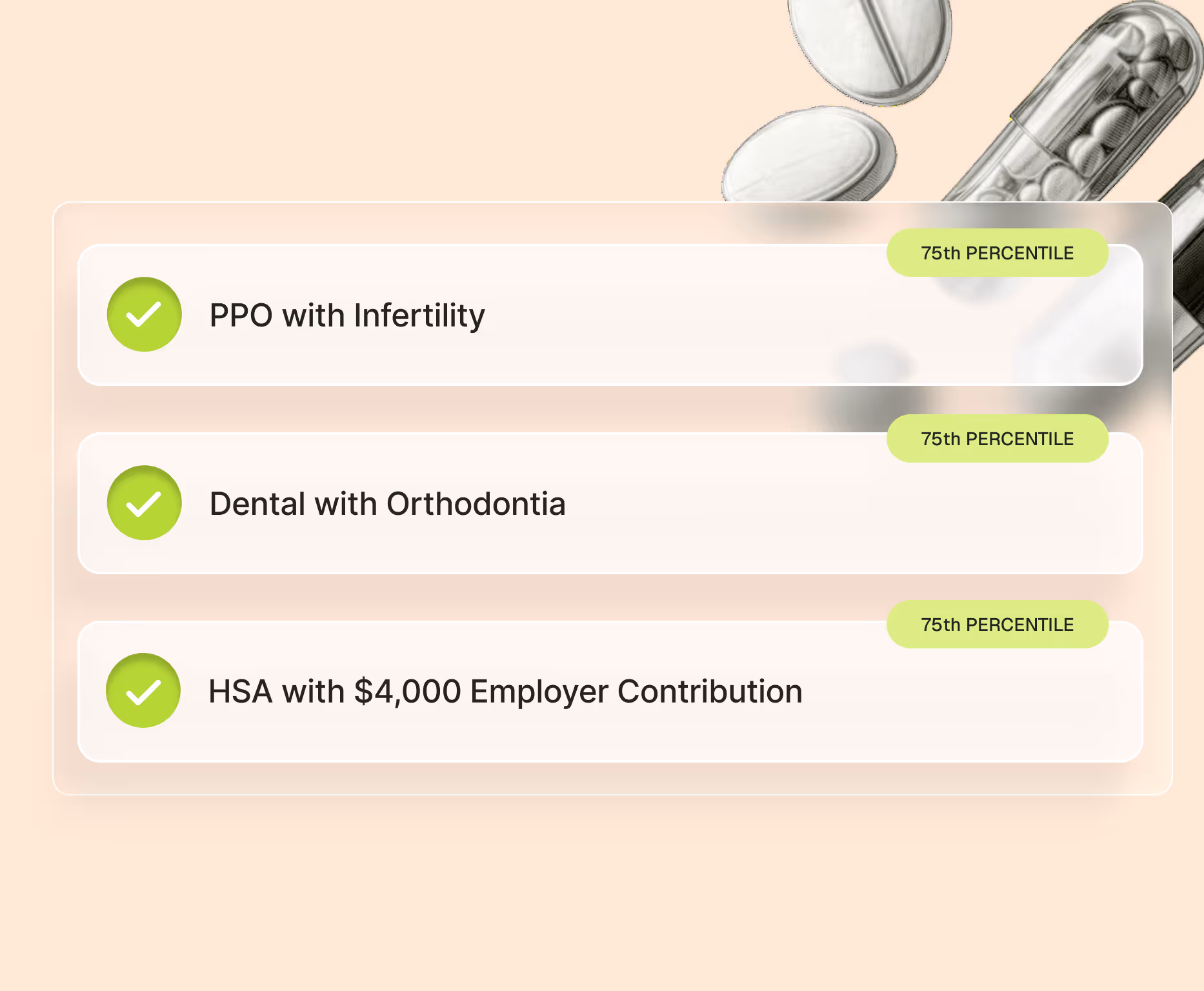 List of three benefits with green check marks: PPO with Infertility, Dental with Orthodontia, and HSA with $4,000 Employer Contribution, each labeled 75th percentile.
